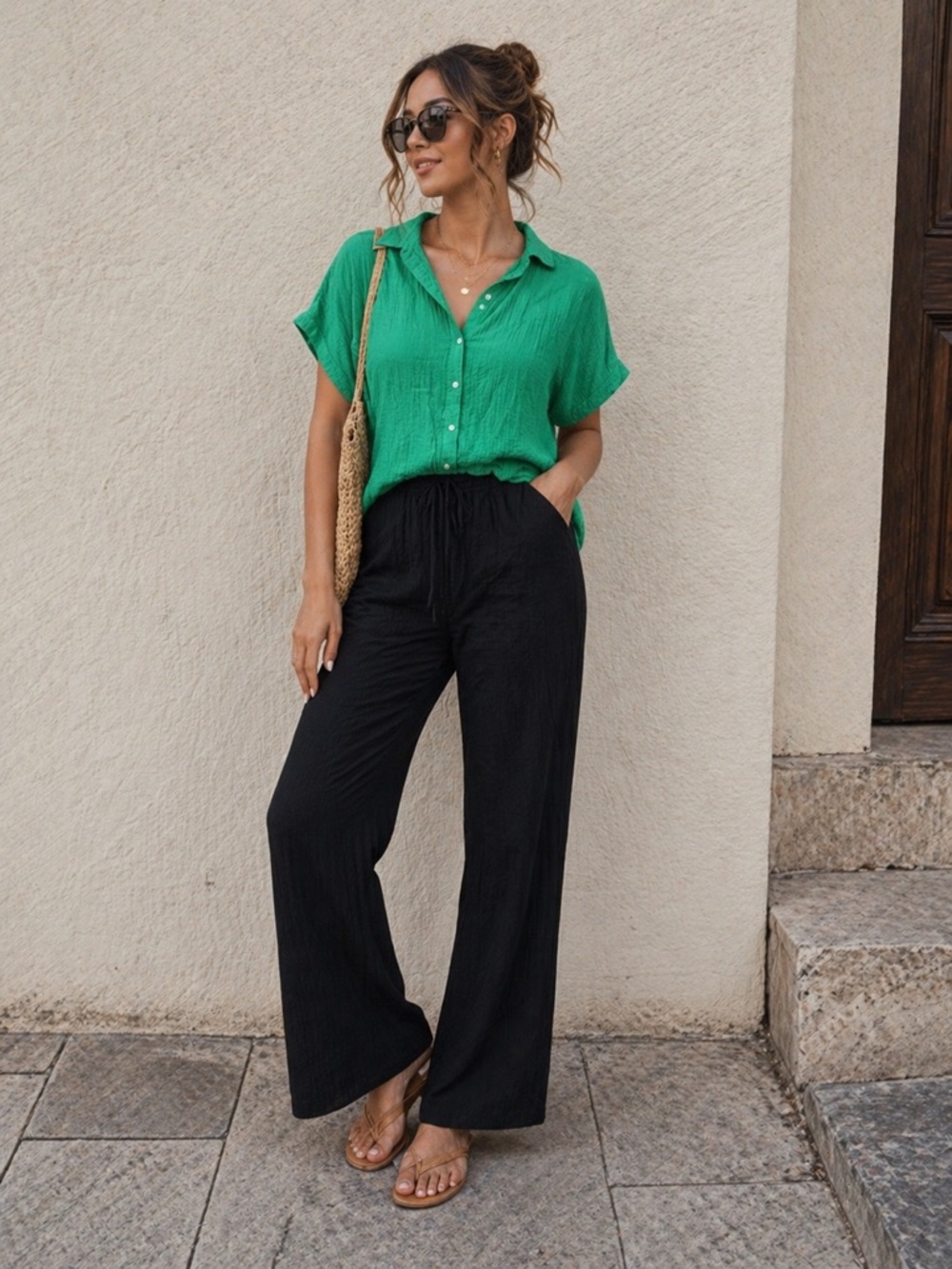 LOFT Green Linen Button Up Top